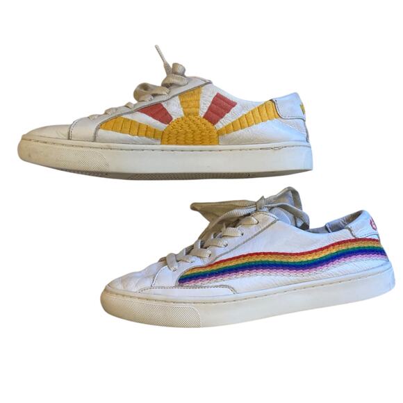 Soludos x Lockhart Embroidery Good Vibes White Leather Rainbow Hippie Shoes Sz 8 - Picture 11 of 16